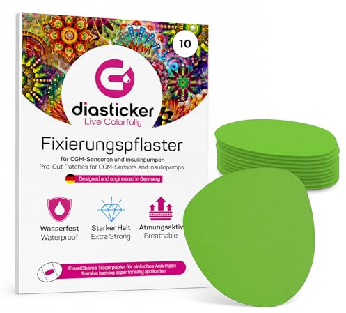 Diasticker® | Overpatch XL fixeringsplåster 8,5 cm (10 stycken, grön) – Freestyle Libre 2, Dexcom G6, Guardian, kateter | vattentät – andas – starkt grepp | Patch, fixering, tejp, plåster