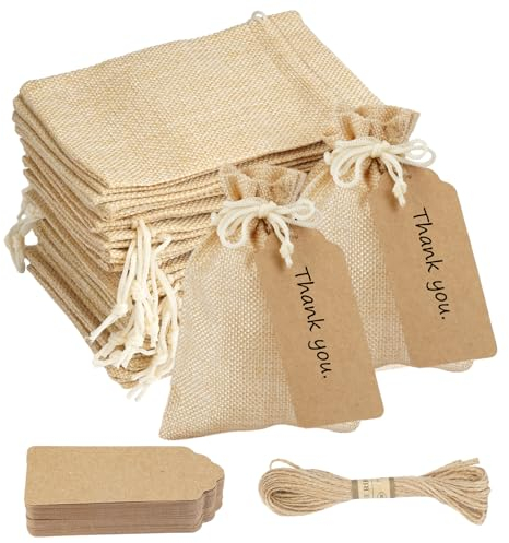 30 Piezas Bolsitas de Tela Pequeñas 10x14cm, Bolsas de Yute Con Cordón, Saquitos Con 50 Etiquetas y 10m de Cuerda, Saco de Arpillera, Para DIY, Bodas, Navidad