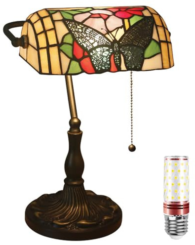 Uziqueif Retro Tiffany Style Tischlampe/Bankerlampe - E27 Schreibtischlampe mit Zugkettenschalter und 1 Leuchtmittel, Legierungsbasis - für Büro,Hause,Wohnzimmer,Schlafzimmer,Esszimmer,Butterfly a