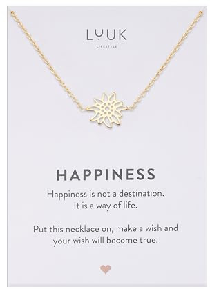 LUUK LIFESTYLE Feminine Halsketten aus Edelstahl mit schlichten Anhängern in zeitlosem Design, Glücksbringer, alltagstauglich und langlebig, HAPPINESS Spruchkarte, Geschenk, Silber, Gold, Roségold