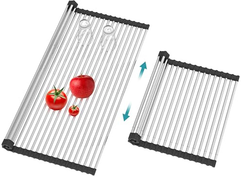 BBXTYLY Escurridor de platos enrollable extra grande y expandible, sobre el fregadero, accesorios de cocina, escurridor enrollable de acero inoxidable, plegable, enrollable (negro, 63 - 43 cm)