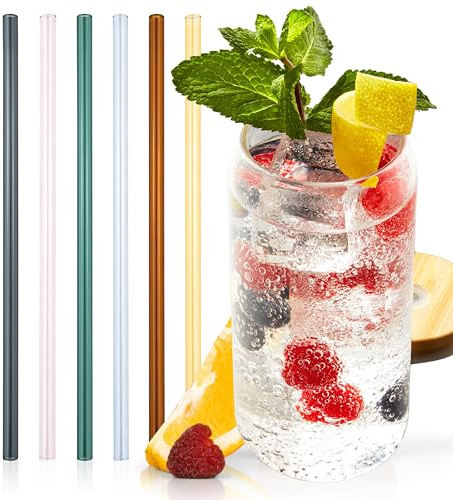 Sänger Glasstrohhalme 6 tlg, Trinkhalme für Gläser, Strohhalme | Wiederverwendbar für Cocktails Saft & Wasser, Glas Strohhalm Spülmaschinenfest, Glass Straw, Glastrinkhalm Bunt 20 cm lang