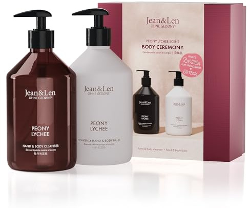 Jean & Len Body Ceremony Peony & Lychee Geschenkset, vegan | Mit Hand & Body Cleanser und Hand & Body Balm, sanft-floraler Duft, FSC-zertifizierte Verpackung