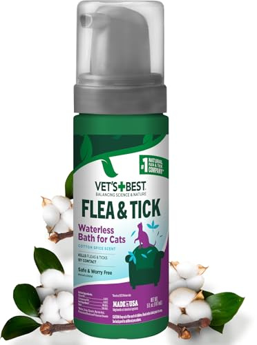 Vet's Best Natural Waterless Flea & Tick Bath for Cats – Natural No-Rinse Dry Shampoo with Plant-Based Ingredients – Flea and Tick Prevention and Control with Certified Essential Oils – 5 oz Bottle