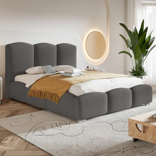 MOTIVENA Hilton Bubble Bett 180x200 Grau Boucle, mit Stauraum, mit Kopfteil, mit Lattenrost, mit Füßen, ohne Matratze, Bubble Polsterbett 180x200 mit Bettkasten Grau (Anthrazit)