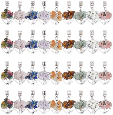 SUPERFINDINGS 36Pcs Tree of Life Pendant Charms Antique Silver Wire Wrapped Crystal Pendants Quartz Heart Pendants for Jewelry Making Necklace Earrings Bracelet DIY, Hole: 2mm