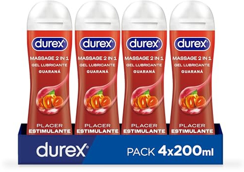 Durex Lubricante Play Massage 2 en 1 Gel de Masaje Corporal Erótico y Estimulante con Guaraná 200 ml [Pack 4 Unidades]