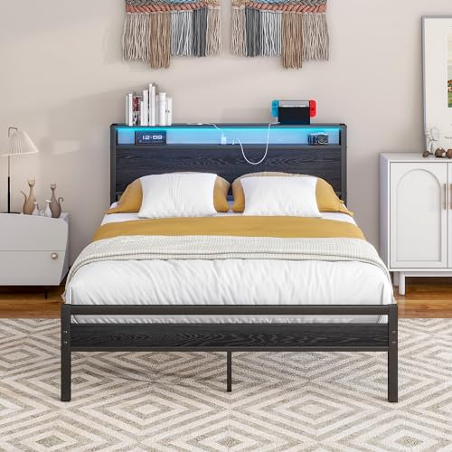 BORPHOM Sängram med laddningsstation, LED-belysning, dubbelsäng, gästsäng, metallsäng, 120 x 200, sängram av metall, ungdomssäng, med ribbotten, sänggavel i svart, för sovrum, gästrum