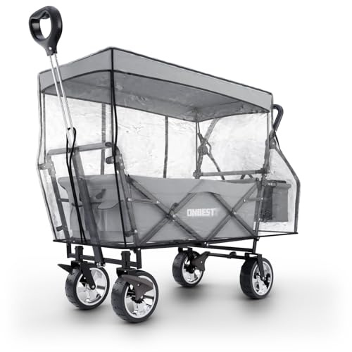 ONBEST Bollerwagen faltbar – Faltbollerwagen mit Dach, Hellgrau | Klappbarer Strandbollerwagen mit Regenschutz, Sonnenschutz-Dach, Kühltasche & Becherhalter für Outdoor und Camping