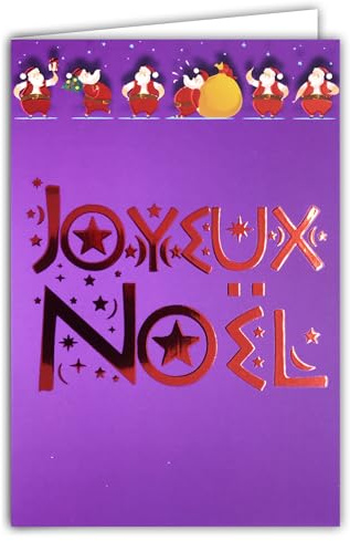 AFIE 61-5837 Weihnachtskarte, großer roter Text und weißer Umschlag, Format 12 x 17,5 cm – Weihnachtsmannbordüre mit Geschenkhaube und Weihnachtsbaum, hergestellt in Frankreich
