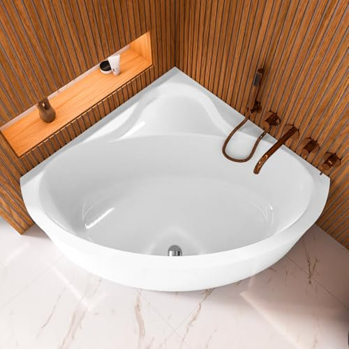 ECOLAM Badewanne Eckbadewanne Bala 120x120 cm + Schürze | moderne Wanne mit Sitz | symmetrische Acrylwanne Eckwanne Top QUALITÄT I Ablaufgarnitur Füße Silikon Komplett-Set Design