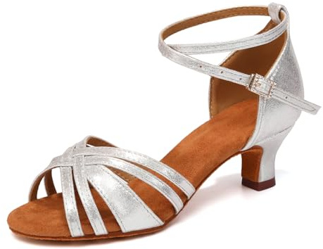 YCALCP Latindansskor för kvinnor Öppen tå Satin Salsa Bachata Tango Öva dansskor,811-Silver-5cm,EU 36.5