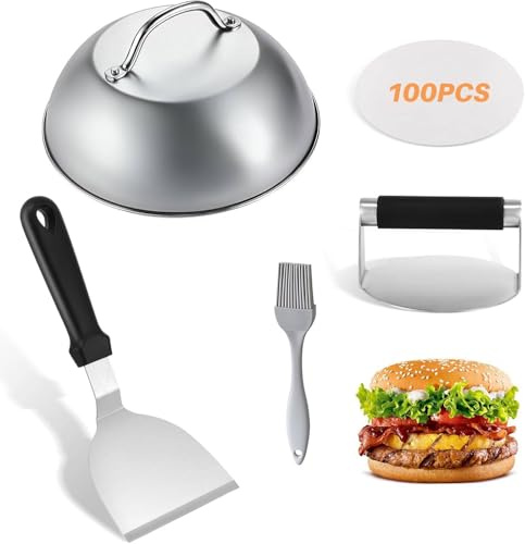 Ayolofei Edelstahl Burgerpresse Set, Burger Smasher Set mit Burgerpresse, Käse-Schmelzkuppel,Pfannenwender,Bürste,100PCS Öl Absorbierendes Papier, für Leckere Hamburger,Pattie,Barbecue,Steak,Pizza