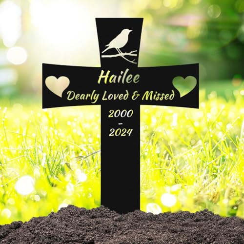 Custom Bird Pet Grave Marker,Personalized Pet Memorial Garden Stake Metal Headstone Cross Sign with Hearts,Customized Remembrance Gift for Loved Ones Pet Cat Dog Garden Lawn Memorial Plaque