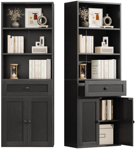 Coleshome 5-Tier Bookcase With Doors and Drawer, 48 x 24 x 164.2 cm, Black