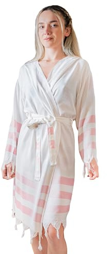 Loomvia Bademantel Damen Baumwolle & Bambus | XL | Weich und Seidig | Leichter Morgenmantel Damen mit Kapuze – Saunamantel Damen Atmungsaktiv – Ideales für Spa, Sauna, Bride & Zuhause | Rosa