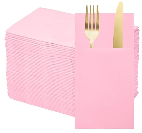 sourcing map 50 Pcs Disposable Linen Feel Napkins with Built-in Flatware Pockets, Paper Dinner Napkins for Knife and Forks, Hand Towels for Wedding Party Light Pink