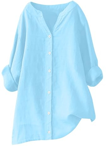 Hauts à manches longues pour femmes, chemisiers habillés décontractés, chemisiers d'été en coton lin, chemises à manches retroussables boutonnées, col en V, chemisiers surdimensionnés amples, t-shirts