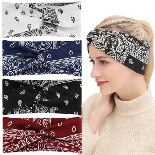 pclapora 4 Stück Haarband, Stirnband Damen, Haarbänder Damen Breite Elastische Weiche, Sommer Boho Stirnband Print Haarschmuck, Haarbänder für Alltag Yoga Sport Fitness