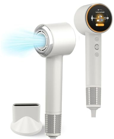Ionen Föhn mit Diffusor- Haartrockner 1600W für Familie & Profis- Fön [6 Modi LCD-Display] Haarföhn Plasma-Technologie, leise & leicht- reisen Hair dryer, Föhn Ionen weiss