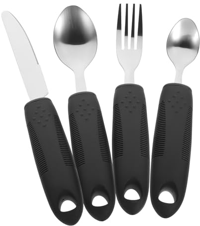 Vajilla Adaptable Antitemblores 1 Juego Acero Inoxidable y Plástico | Negro, 4 Piezas, para Personas Mayores y Discapacidad, Portátil, Resistente al Desgaste