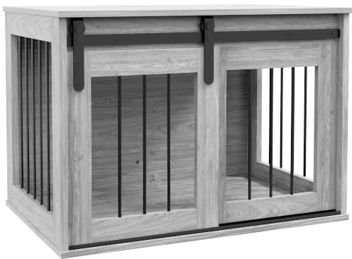 PawHut Cage Niche pour Chien Table d'Appoint 57H x 80L x 54l cm Gris | Animaux Intérieur, Meuble Cage Chien Intérieur, 1 Porte Coulissante, Métal Effet Bois
