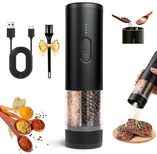 2-in-1 Elektrische Salz- und Pfeffermühle, Salz und Pfeffermühle in einem mit LED-Licht, Wiederaufladbar, mit Großer Doppelkammer und Einstellbarem Mahlgrad – Ideal für Küche & BBQ