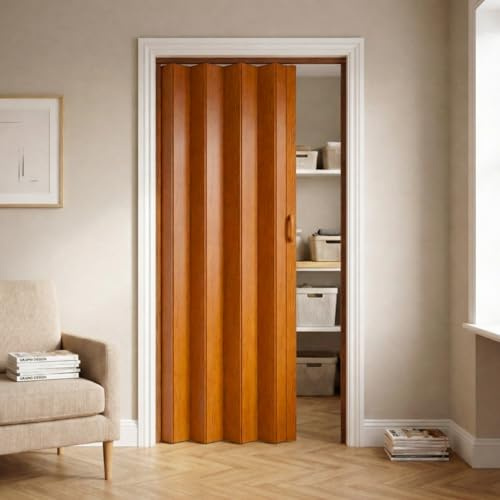 NOVECRAFTO PVC Folding Door, 32 x 80 in, Gunstock Oak | Wood-Effect Concertina Door, Smooth Glide, Magnetic Closure, Moisture-Resistant PVC and Easy Installation, Space-Saving