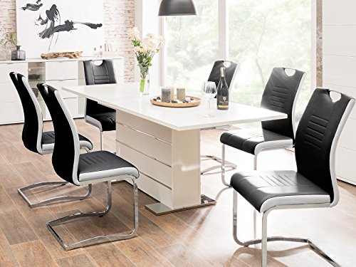 möbelando Esstisch >Manta< in weiß mit Chrom-Applikationen - Synchronauszug und innenliegende Erweiterungsplatte - 160-200x75x90 cm (B/H/T) Auszugstisch Esszimmertisch Ausziehtisch Küchentisch Tisch