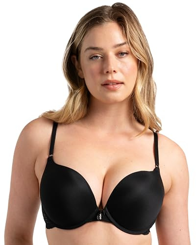 Smart & sexig kvinnors maximal klyvning bygel push-up bh, Svart nyans med spetsvingar, 75B