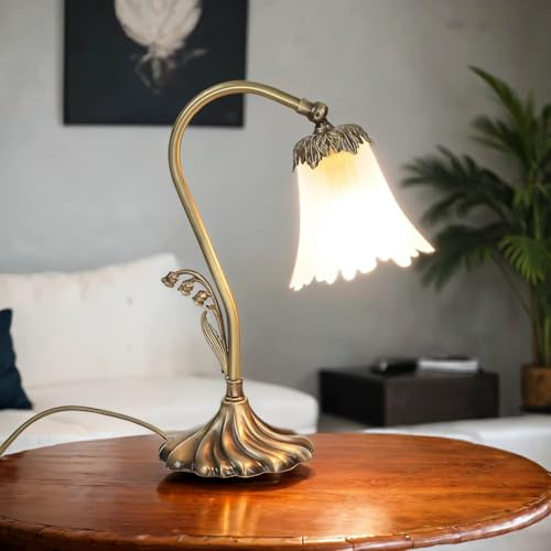 Licht-Erlebnisse Premium Tischlampe Messing Glas in Bronze hell glänzend Weiß Wohnzimmer 32 cm E14 max. 40W Florale Nachttischleuchte Schlafzimmer