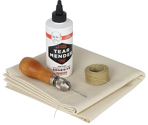 Kit di riparazione completo per tende in tela, camper pop-up, teloni, marine e coperture per barche | con 6 once Tear Mender Glue, Speedy Stitcher Sewing Awl/aghi, oltre 6 mq Ft di tela e 30 yard di