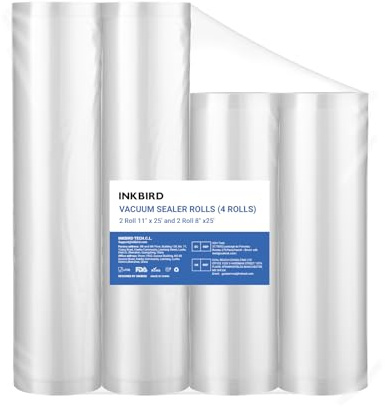 Inkbird 4 Rolls Vacuum Sealer Bags, 11 x 25' 2 Rolls & 8 x 25' 2 Rolls Vacuum Sealer Rolls for Food Saver, Sous Vide Bags Food Storage Freezer Sealer Bag for Cooking with BPA Free