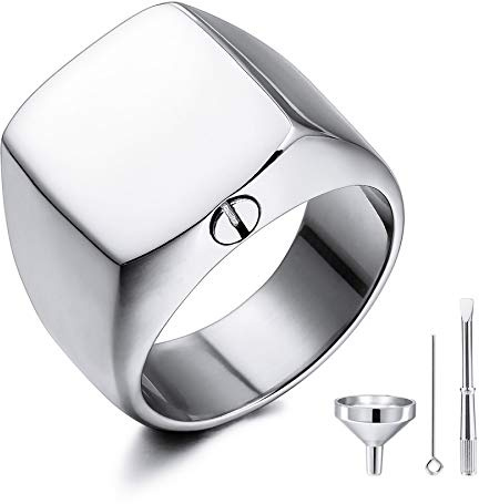 MeMeDIY Personalisierte Urne Ring Siegelring für Frauen Männer Gravur Bild/Text Angepasst Foto Gedenktaschenhalter aus Edelstahl Souvenir mit Trichterbausatz Ringgrößeneinsteller