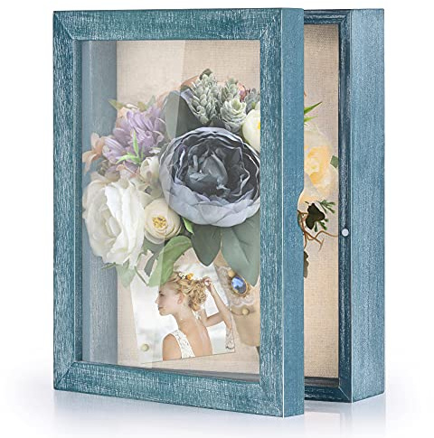 Love-KANKEI Shadow Box Frame 8x10 Shadow Box Display Case with Linen Back Memorabilia Awards Medals Photos Memory Box Gift Rustic Blue