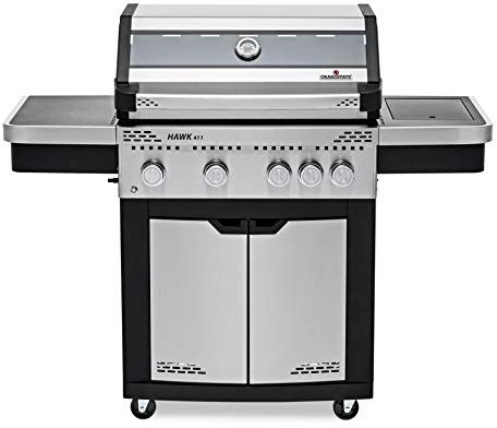 GRANDSTATE 4-Brenner Gasgrill HAWK 411 mit innenliegendem Keramik-Infrarotbrenner, Seitenkocher, Gusseisen-Grillrost, Gesamtleistung von 17,5 kW Schwarz, Silber