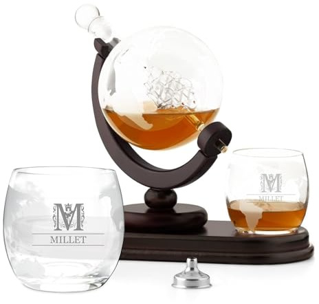 Maverton Ensemble de Carafe Globe avec 2 verres gravés à whisky | Whiskey Set pour chaque gentleman, Cadeau d’anniversaire pour les hommes, Décanteur et 2 verres, Monogramme