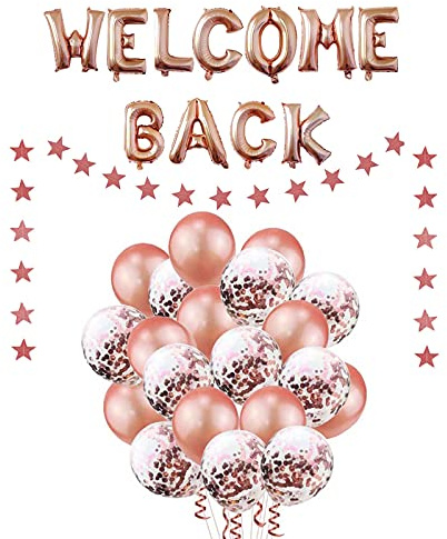 FACHY Willkommen zurück Briefe Ballon Welcome Back Banner Stern Girlande mit Roségold Konfetti Luftballons für Heimkehr, Schulanfang, Wiedervereinigung Home Family Party Dekorationen (23er Pack)