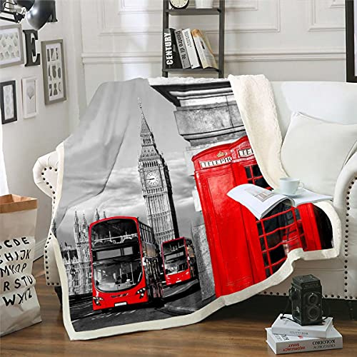 Homemissing Coperta in pile Sherpa con cabina telefonica rossa, per letto singolo, romantico della città, Old Street, Big Ben, vintage, retrò, 150 x 150 cm