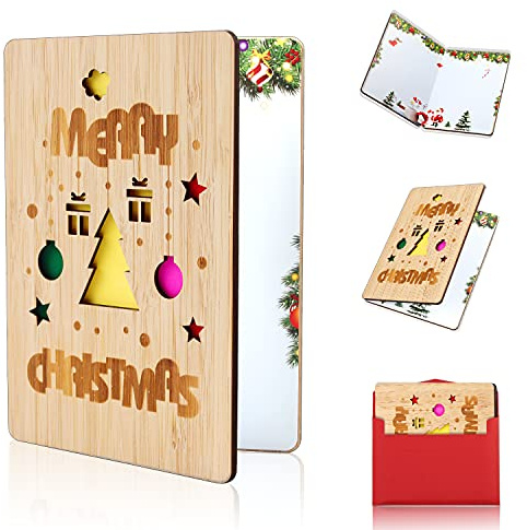 Joyeux Noël Carte, Cartes de Noël en Bois, Cartes de Voeux de Noël en Bambou, Carte de Voeux en Bois avec Enveloppes, Design de Noël Coloré, Cadeaux de Noël pour Parents Et Amis, Noël Cartes de Voeux