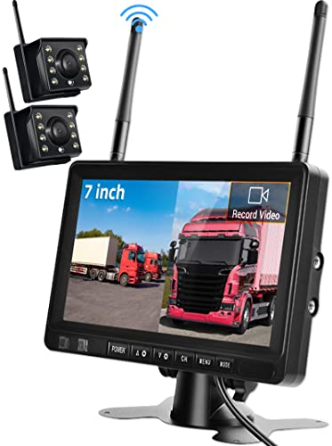 Digitales Wireless Rückfahrkamera Set, 7-Zoll-TFT-LCD-Monitor, 2 x Kabellos Backup Kamera - IP69 Wasserdicht Super Nachtsicht, Funk Einparkhilfe für Auto/Anhänger/Bu/LKW/Wohnmobil/Wohnwagen 12V-24V