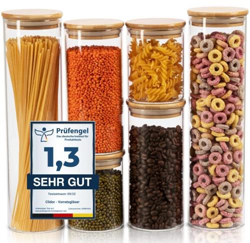 CLIDOR Vorratsgläser mit Deckel, Rund - 6er Set - 4,6L Vol., Erhöhte Glasstärke, Vorratsdosen mit Deckel luftdicht, Aufbewahrungsbox Küche für alle Lebensmittel, Glasbehälter, Küchen Organizer