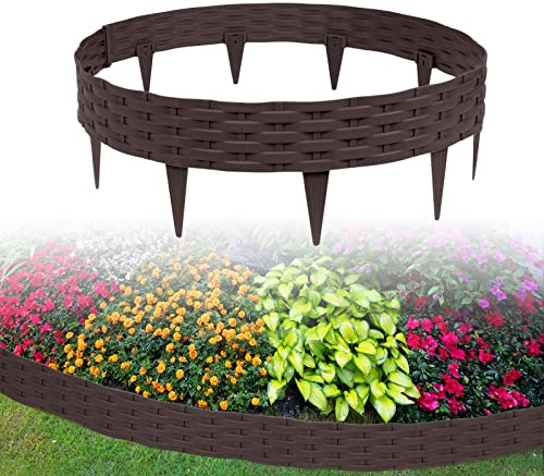ACXIN 10 m rabattkant, trädgårdspalissad i rottinglook med 10 element á 100 cm, rabattkant, trädgårdspalissad, rund plast, palisader, UV-resistent (10 stycken, brun)