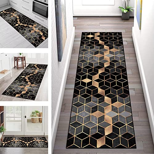 Teppichläufer Küchenteppich waschbar rutschfest Läufer Flur Teppich Grau Schwarz Lang 70X250CM, Fußmatte Schmutzfangmatte, Küchenläufer Flurteppich für Wohnzimmer, Schlafzimmer, Küche, Kinderzimmer