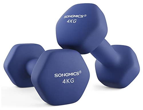 SONGMICS Dumbbells Set of 2, 2 x 4 kg, Dumbbell Set, Hexagon, Neoprene Coating, Strength Training, Workout, Fitness Training for Home, Port Blue SYL908Q01