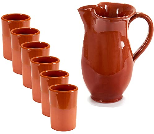 Annastore 6 x Weinbecher aus Ton -(Tonkrug 1 Liter inkl. 6 Becher 250 ml)