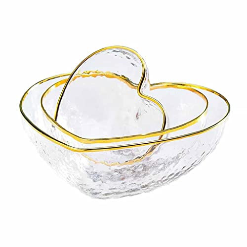 JEMMCO 3PC Salatschüssel aus Glas mit Herz, Goldener Rand, gehärtetes Glas, Dessertschüsseln, Servierschüsseln, transparente Allzweck-Salatschüsseln, for EIS, Gelee, Obst, heiße, kalte Speisen