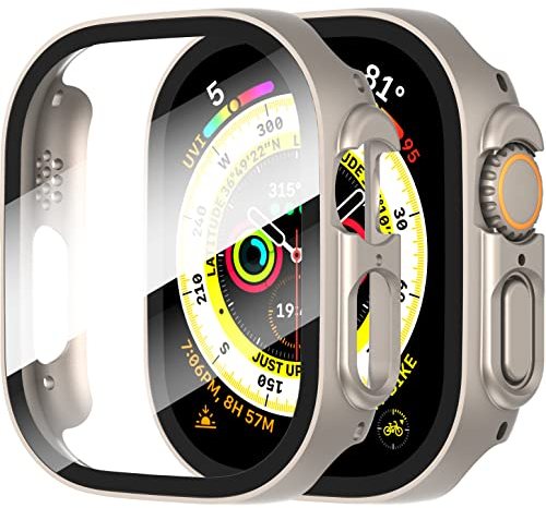 Diruite 2 Piezas Funda para Apple Watch Ultra/Ultra 2 49mm Protector Pantalla Cristal Templado Incorporado HD Protección Completa PC Dura Estuche Case,Acero Titanio,49mm