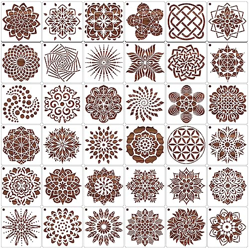 MWOOT 36 Pcs Mandala Dot Painting Stencils,Reusable Paint Drawing Templates for DIY Rock Stone Paintin g Canvas Wall Decors Art Set,Plastic Scale Stencil for Painting Supplies DIY Beginners(13x13CM)