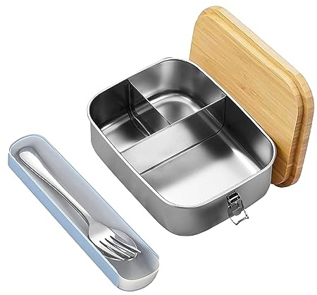 Toothbace Brotdose Edelstahl mit Holzdeckel, 1200ML Bento Box Edelstahl mit Natürlichem Bambus Deckel, Brotdose mit 3 Fächern, Lunchbox mit Besteck Gabel und Löffel für Schule, Arbeit, Picknick